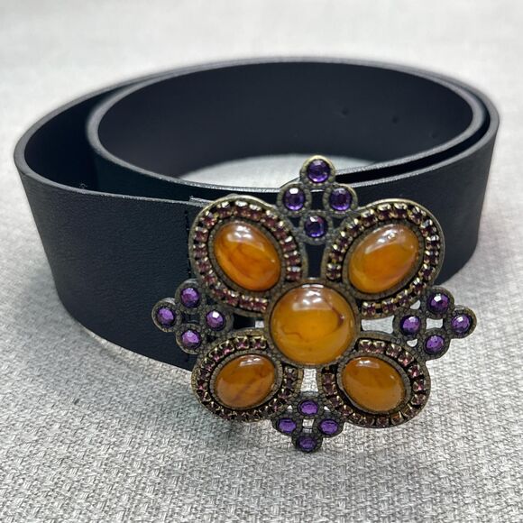 Vintage Just Cavalli 90s black leather belt statement buckle gems rhinestones main image 5